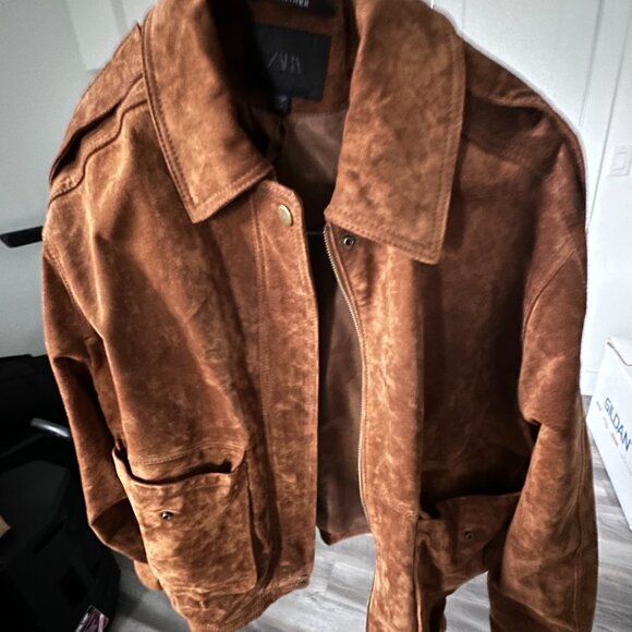 ZARA 100% SUEDE BOMBER JACKET WITH POCKETS - Picture 4 of 4